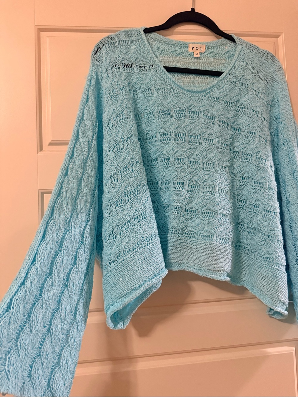 POL Open-Knit Crewneck Sweater in Light Aqua